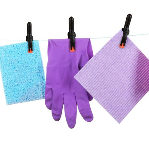 20-Pack Nylon Plastic Spring Clamps Four Sizes With String Bag Organizer holding cleaning items including sponge and glove