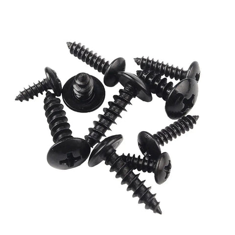 Slick M3 X 10mm Carbon Steel Round Head Self Tapping Wood Screws With Nifty Cross Slotted Mushroom Tops scattered on a white background.
