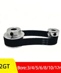 Super Cool 2GT Timing Pulley Set With 2 To 1 Ratio Perfect For Your DIY Projects Featuring Double Flange Design And Multiple Bore Sizes Like 4mm 6.35mm And Up To Include Long 600mm Belt Widths That Make Everything Run Smooth As Butter. 2GT aluminum timing pulley set with belt, bore 3/4/5/6/8/10/12mm