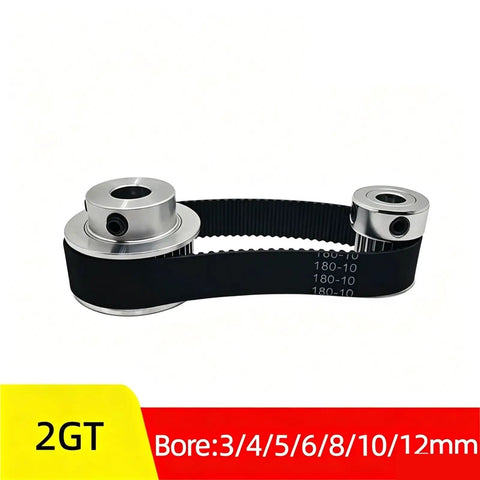 Super Cool 2GT Timing Pulley Set With 2 To 1 Ratio Perfect For Your DIY Projects Featuring Double Flange Design And Multiple Bore Sizes Like 4mm 6.35mm And Up To Include Long 600mm Belt Widths That Make Everything Run Smooth As Butter. 2GT aluminum timing pulley set with belt, bore 3/4/5/6/8/10/12mm
