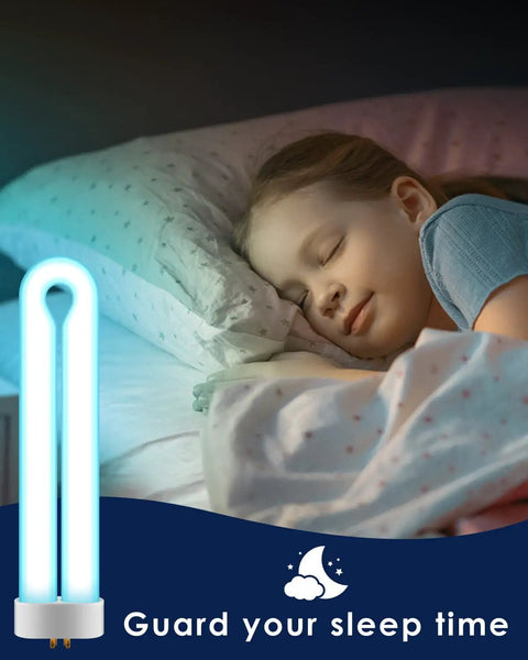 Child sleeping with No Fuss 15W U Shape Replacement Lamp Tube with 4 Pin Base, ideal for indoor and outdoor use, in background.