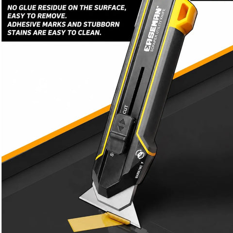 3 In 1 Handy Utility Scraper Tool With Retractable Knife 90 Degree Rotating Head Four Locking Positions Includes 10 Replacement Blades Built For Quick Paint Removal Label Residue Putty And Adhesive Cleanup, shown scraping adhesive