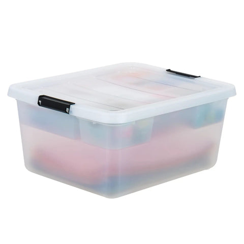 Clear 18 Qt Storage Organizer With Removable Dividers And Lid, stackable plastic box for crafts, tools, and pantry gear visible.