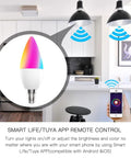Smart Candelabra LED Bulbs With WiFi E12 Base 2700K-6500K CCT CW and RGB Dimmable 470 Lumens 5W 40W Equivalent No Hub Required Works With Alexa and Google Home Tuya Smart Life App 4 Pack displayed in a modern kitchen.