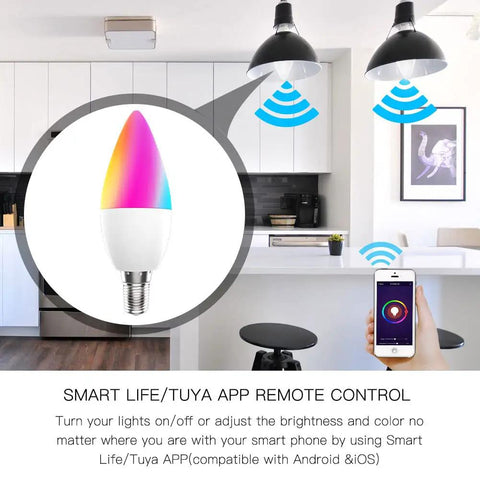 Smart Candelabra LED Bulbs With WiFi E12 Base 2700K-6500K CCT CW and RGB Dimmable 470 Lumens 5W 40W Equivalent No Hub Required Works With Alexa and Google Home Tuya Smart Life App 4 Pack displayed in a modern kitchen.