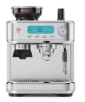Straight Up Game Changer Espresso Machine With Built In Grinder And Genuine 20 Bar Pressure Stainless Steel Coffee Maker With Smart Milk Frother, front view showing control panel and grinder.