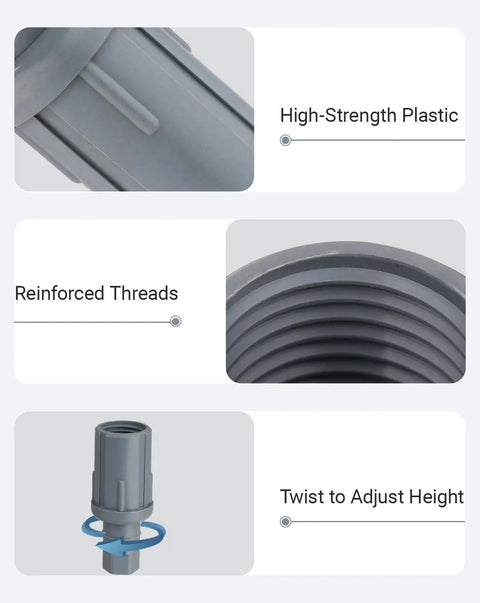 Illustration of beefed-up adjustable bullet feet, showing high-strength plastic, reinforced threads, and height adjustment for 1-5/8 inch tubing.