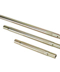 Swedged Steel Tube With Dual 3/4 Inch 16 Threads, RH On One End And LH On The Other, 10 In Long, 1.00 In OD,.095 In Wall, Zinc Plated For Tough Rustproof Durability, Easy Length Adjustment By Spinning. showing three knurled zinc-plated tubes