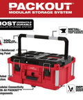Tough as Nails Large Tool Box Built For Harsh Job Sites, 22 In Long By 16.3 In Wide By 11.5 In High, Impact Resistant Polymer Build With Metal Corners, Part Of A Modular Storage System, Holds Up To 100 Lbs., red and black PACKOUT tool box with metal handle