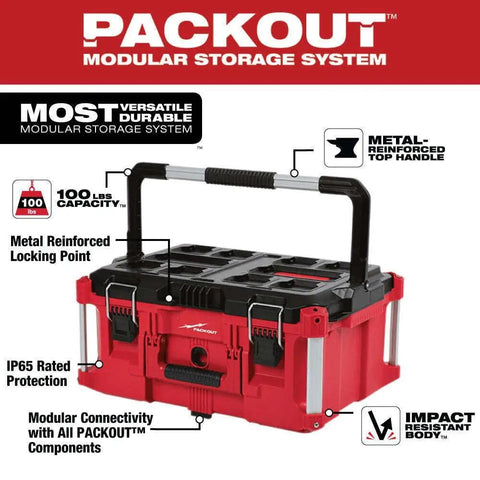 Tough as Nails Large Tool Box Built For Harsh Job Sites, 22 In Long By 16.3 In Wide By 11.5 In High, Impact Resistant Polymer Build With Metal Corners, Part Of A Modular Storage System, Holds Up To 100 Lbs., red and black PACKOUT tool box with metal handle