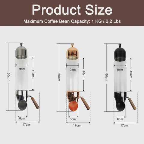 Solid Wall Mounted Coffee Bean Dispenser With No Sweat Sliding Dial And See Through Borosilicate Glass Cylinder dimensions, showing sizes in cm.