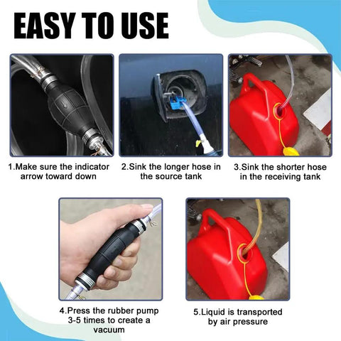 Straight Up Heavy Duty Hand Fuel Transfer Pump, No Sweat Gasoline Siphon Hose Kit setup instructions with hoses and pump.