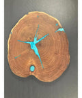 16 Inch Handcrafted Lazy Susan Charcuterie Board With Turquoise Painted Wood Rotating Serving Tray For Cheese And Snacks Modern Dining Table Centerpiece Durable Wooden Turntable For Entertaining, top view of raw wood design with turquoise inlay
