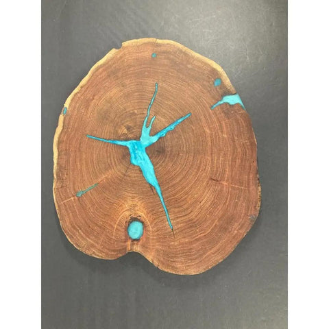16 Inch Handcrafted Lazy Susan Charcuterie Board With Turquoise Painted Wood Rotating Serving Tray For Cheese And Snacks Modern Dining Table Centerpiece Durable Wooden Turntable For Entertaining, top view of raw wood design with turquoise inlay