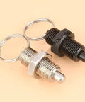 Built Tough Stainless Steel Retractable Index Plunger With Pull Ring And Locking Screw, featuring stainless steel and black finish.