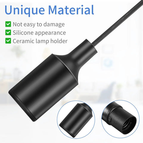 Close-up of black silicone E26/E27 lamp holder with cord from Ten Pack Hanging Light Cord With Switch for E26 E27 Pendant Socket Lantern Black 6 Foot Lamp Extension Cord Kit Includes Socket and Cord Durable Silicone Lamp Holder Flame Retardant Easy Install Plug And Play Ready.