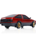 One Eighteen Scale RC Drift Car With Gyro Stabilization In Vintage Red, rear view, showcasing realistic design and multi link chassis.