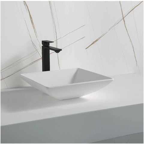 Quattro QM178 Vibrant Matte White 16 Inch Square Bathroom Vessel Sink For Above Counter Install With 100 Percent Acrylic Resin Non Porous Surface Scratch Resistant And Impact Durable With Dope Modern Look That Elevates Any Countertop on elegant countertop setup