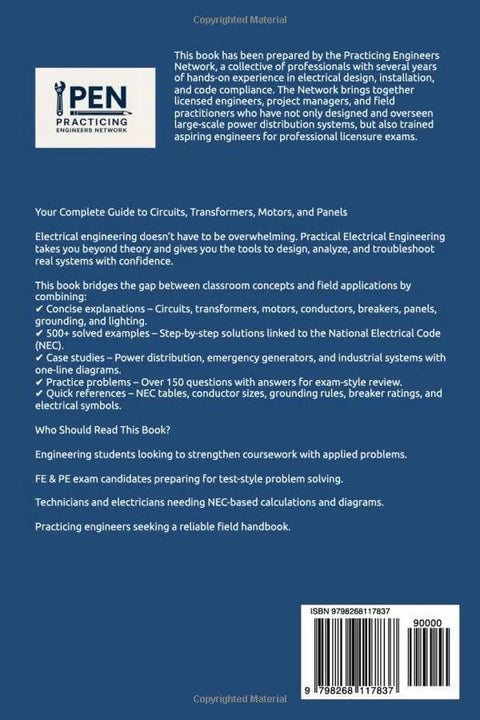 Book back cover: blue cover for Practical Electrical Engineering Real-World Problems; PEN logo, text blocks, barcode.