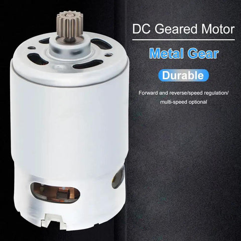 Close-up of RS550 21V Beefed Up High Speed DC Micro Motor For Mini Saws And Reciprocating Saws, 29800 RPM, metal gear top