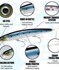 FlashMinnow 110 Ghost Series Saltwater Jerkbait for Halibut and Bass featuring 3D eyes, built-in rattle, sharp treble hooks