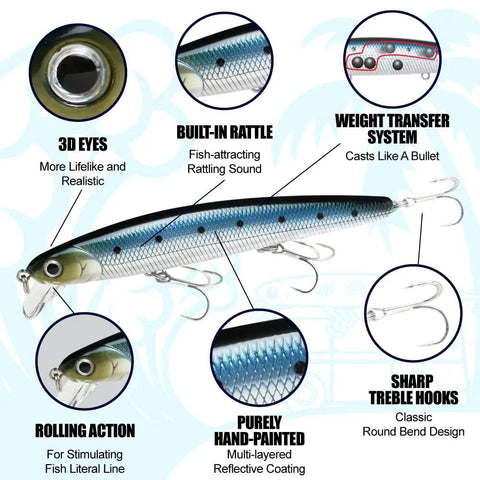 FlashMinnow 110 Ghost Series Saltwater Jerkbait for Halibut and Bass featuring 3D eyes, built-in rattle, sharp treble hooks