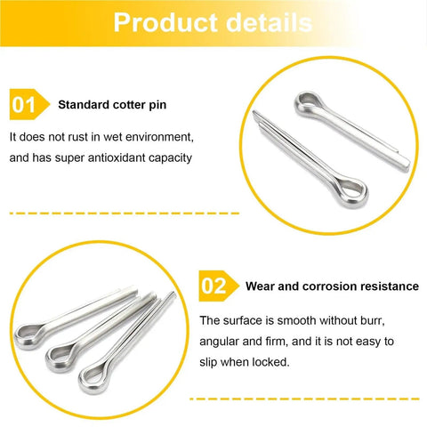 304 Stainless Steel Cotter Pins Kit, 160-Piece Assortment features corrosion-resistant quick-install pins with smooth finish.