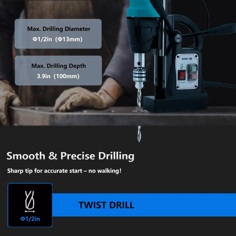 Zinnore Portable Magnetic Drill Press Boasts 2360 Lbf Hold Force And 700 Rpm Speed for drilling 1/2in holes in steel.