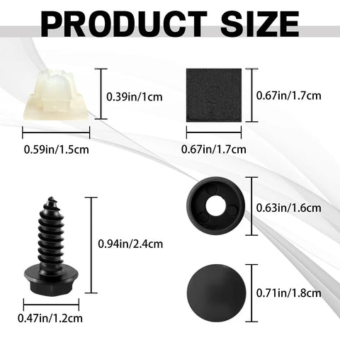 Universal License Plate Screws Set In Premium Stainless Steel Self Tapping Bolts For Cars Trucks And SUVs sizes shown