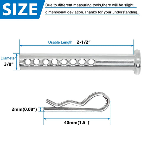 Heavy Duty Adjustable Clevis Pin With R Clip Set Three Eighths Inch Diameter And Two And One Half Inches Length Eight Position Holes Zinc Coated Steel including size details.