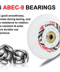 Close-up of 80mm inline skate wheel and ABEC-9 bearings, labeled 'Tanden', showcasing durable core design for smooth glide.