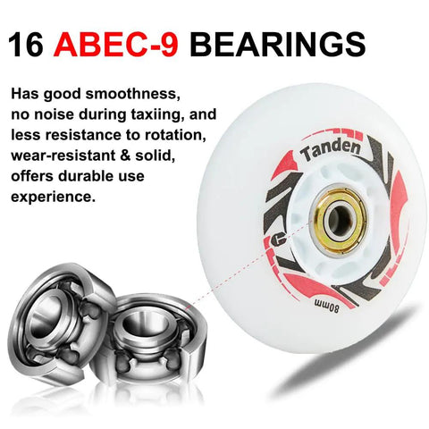 Close-up of 80mm inline skate wheel and ABEC-9 bearings, labeled 'Tanden', showcasing durable core design for smooth glide.