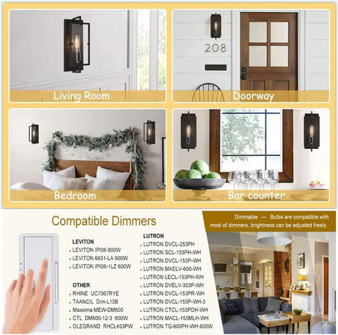 Various settings showing Vintage Edison Style LED Bulbs 6W Equivalent 60W Warm White 2700K in living room, bedroom, and bar counter.