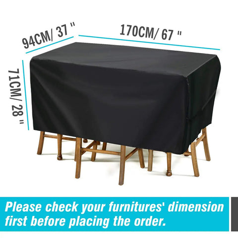 Heavy Duty Waterproof All Weather Patio Furniture Cover For Rectangular Table Chair And Sofa Set 67 Inches Long By 37 Inches Wide By 28 Inches High Built To Handle The Wind With Corner Windproof Buckles Tear Resistant Oxford Material Zipper Carrying Bag displayed on furniture