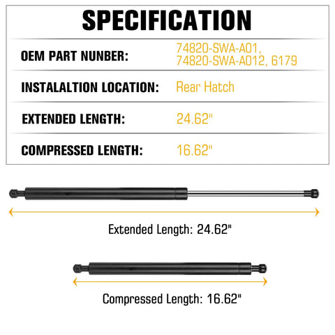 Honda CRV Rear Hatch Lift Support Shocks Struts Set 2007 2008 2009 2010 2011 Two Pack Tailgate Gas Struts Replacement Easy Install With Hand Tools Durable 6179 74820SWAA01 specification chart showing extended and compressed lengths.