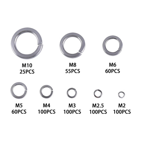 Spring Lock Washer Set 600 Pcs 304 Stainless Steel Assortment Kit Includes M2 M2.5 M3 M4 M5 M6 M8 M10 For Secure Fastening In DIY Furniture Home Improvement And Construction Projects, sizes shown