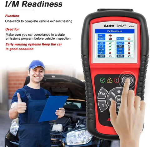 Hand using AL519 OBD2 Scanner Pro Car Diagnostic Tool, Full OBDII And CAN Read, Clear Codes, Check Engine Light, One Click Smog Check