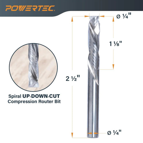 Quarter Inch Shank Compression Spiral Router Bit Pair Tungsten Carbide End Mill For Cnc Woodworking and Thin Aluminum. 2.5 inch length, 1/4 inch diameter.