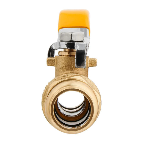 Front view of 1/2-inch brass ball valve with orange lever for copper tubing
