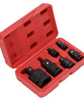 Socket Adapter Set With Chrome Tungsten Steel Construction, Impact Drive Adapters In 1 Quarter, 3 Eighth, 1 Half And 3 Quarter Inch Sizes in red storage box