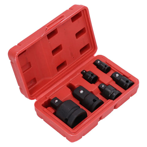 Top Grade 6 Piece Impact Socket Adapter Kit Forged From Chrome Tungsten Steel With Heavy Duty Storage Box Fits 1 4 Inch, 3 8 Inch, 1 2 Inch And 3 4 Inch Drives Perfect Gear For Home Garage Pros Who Need Serious Grit And Reliable Muscle. red storage box with six black impact socket adapters