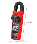 UT204R Digital Clamp Meter With Auto Ranging, True RMS, 6000 Counts in red with measurement dimensions displayed.