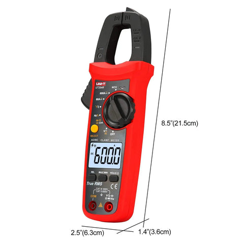 UT204R Digital Clamp Meter With Auto Ranging, True RMS, 6000 Counts in red with measurement dimensions displayed.
