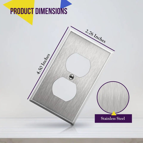 Duplex Receptacle Metal Wall Plate In 430 Stainless Steel, Corrosion Resistant, 1 Gang 4.50 By 2.76 Inch, UL Listed, with dimensions.