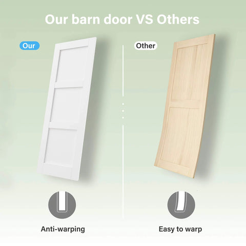 Comparison of 28 Inch By 80 Inch Mirror Barn Door With 72 Inch Track Kit Built To Last Solid Core MDF Sliding Door to another warped door.