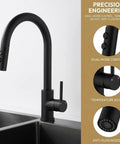 Black Kitchen Faucet With Pull Down Sprayer And Single Handle Pullout Design shown in modern kitchen setting.
