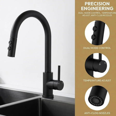 Black Kitchen Faucet With Pull Down Sprayer And Single Handle Pullout Design shown in modern kitchen setting.