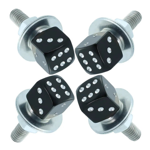 Dope Motorcycle License Plate Screws Four Piece Set Featuring Dice Bolt Decoration For Cars Bikes in sleek black alloy finish.
