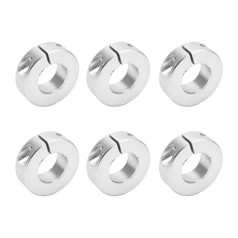 Six Piece Lightweight Aluminum Alloy Shaft Collar Set Clamping Lock Rings To Fix Shafts And Bits With Anti Rust Coating Good For Garage And Workshops Where Stability Matters Most This Quality Kit Keeps Hardware Locked Firm Without Loosening Giving Safe. six aluminum shaft collars on white background