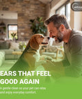 Man smiling with beagle dog, promoting Gentle Ear Cleaning Solution For Cats And Dogs, Easy To Use Drops That Remove Dirt And Debris